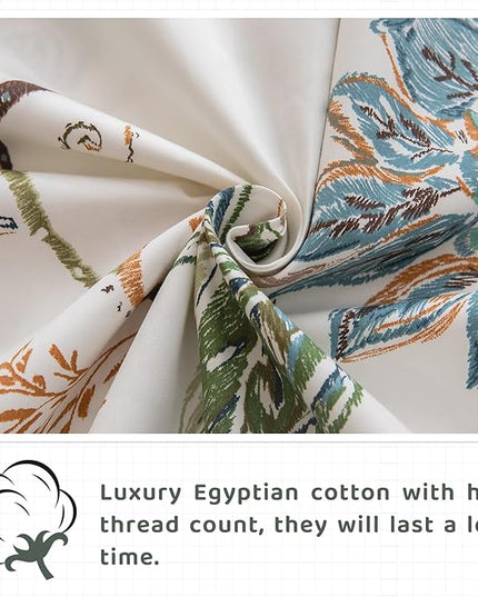 QSH Floral Bed Sheets Queen Size - 100% Egyptian Cotton Sheets Elegant Botanical Leaves Flower Pattern Printed Bedding Sheets Queen Size Bed Extra Soft and Breathable 4pcs Deep Pockets Bed Sheets - LeafyLoom