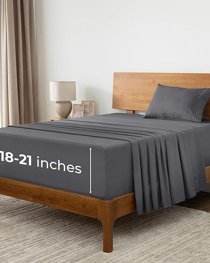 Mellanni Extra Deep Twin Sheets - 3 PC Iconic Collection Bedding Sheets & Pillowcases - Hotel Luxury, Ultra Soft, Cooling Bed Sheets - Extra Deep Pocket up to 21 inch (Twin, Gray) - LeafyLoom