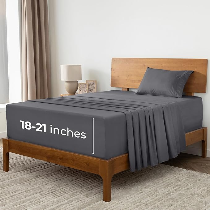 Mellanni Extra Deep Twin Sheets - 3 PC Iconic Collection Bedding Sheets & Pillowcases - Hotel Luxury, Ultra Soft, Cooling Bed Sheets - Extra Deep Pocket up to 21 inch (Twin, Gray) - LeafyLoom