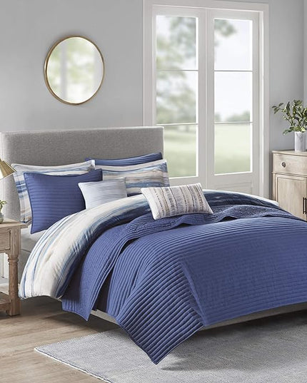 Madison Park Marina Comforter Quilt Combo Set - Modern Luxury Design, All Season Down Alternative Bedding, Matching Shams, Decorative Pillows, King/Cal King(104"x92") Seersucker Blue 8 Piece - LeafyLoom