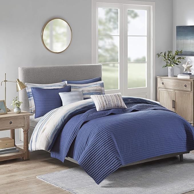 Madison Park Marina Comforter Quilt Combo Set - Modern Luxury Design, All Season Down Alternative Bedding, Matching Shams, Decorative Pillows, King/Cal King(104"x92") Seersucker Blue 8 Piece - LeafyLoom