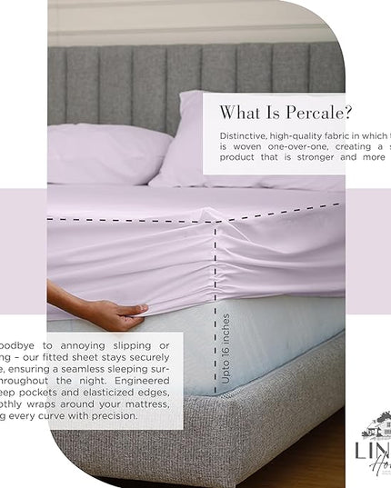 100% Cotton Percale Sheets California King Size, Iris Lilac, Deep Pocket, 4 Pieces Sheet Set - 1 Flat, 1 Deep Pocket Fitted Sheet and 2 Pillowcases, Crisp Cool and Strong Bed Linen - LeafyLoom