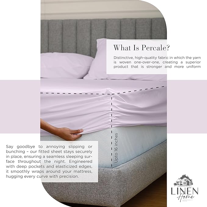 100% Cotton Percale Sheets California King Size, Iris Lilac, Deep Pocket, 4 Pieces Sheet Set - 1 Flat, 1 Deep Pocket Fitted Sheet and 2 Pillowcases, Crisp Cool and Strong Bed Linen - LeafyLoom