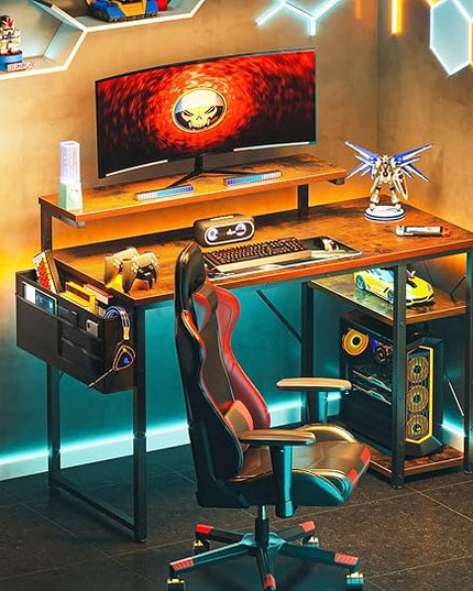 AODK 40 Inch Computer Desk with Adjustable Monitor Stand, Work Writing Desk with Shelves, PC Desk Workstation, Vintage Home Office Desk - LeafyLoom