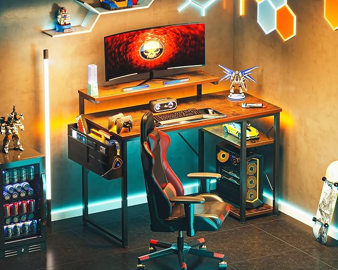 AODK 40 Inch Computer Desk with Adjustable Monitor Stand, Work Writing Desk with Shelves, PC Desk Workstation, Vintage Home Office Desk - LeafyLoom
