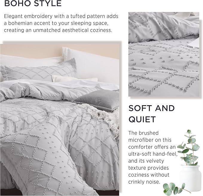 Bedsure Twin/Twin XL Comforter Set - Light Grey Boho Twin Extra Long Comforter Set for College, Shabby Chic Dorm Bedding Set, 2 Pieces Modern Farmhouse Bed Set, includes 1 Pillow Sham - LeafyLoom