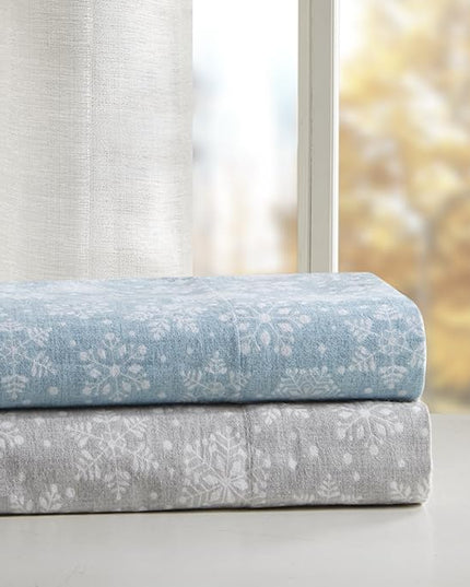 Comfort Spaces Cotton Flannel Breathable Warm Deep Pocket Sheets with Pillow Case Bedding, Cal King, Grey Snowflakes 4 Piece - LeafyLoom