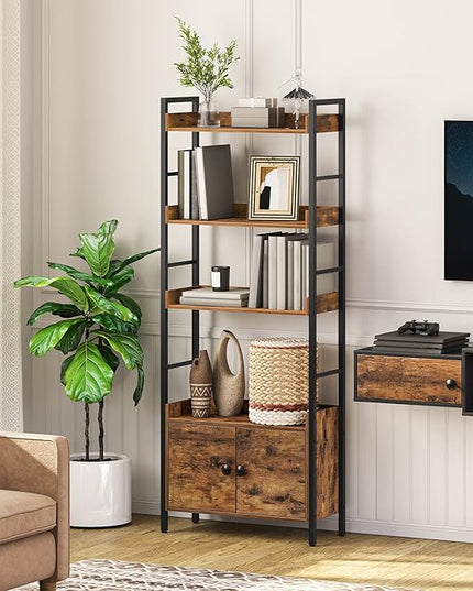 HOOBRO 4-Tier Bookshelf with Doors, Industrial Wooden Bookcase with Storage, Storage Shelf with Protective Rails, for Living Room, Home Office, Rustic Brown and Black BF46SJ01 - LeafyLoom