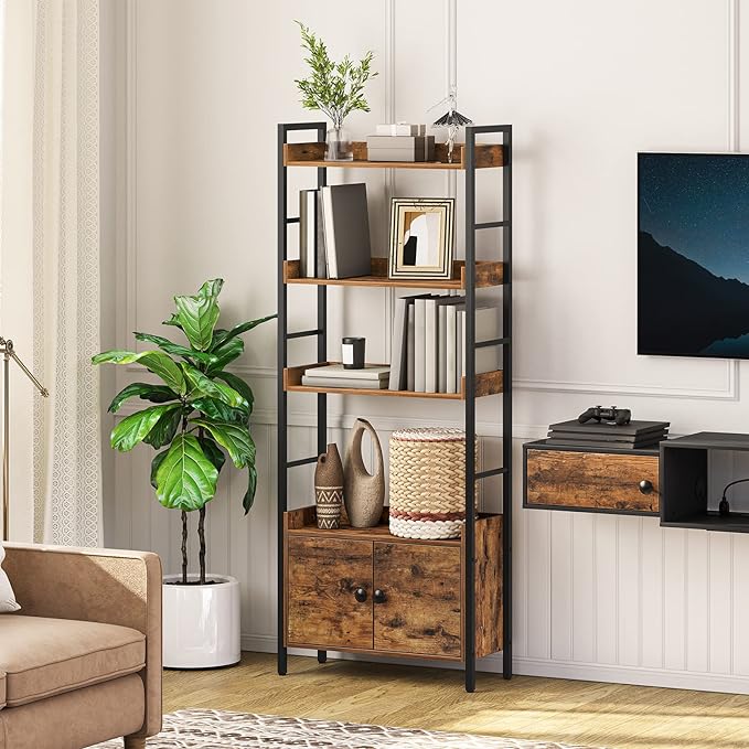 HOOBRO 4-Tier Bookshelf with Doors, Industrial Wooden Bookcase with Storage, Storage Shelf with Protective Rails, for Living Room, Home Office, Rustic Brown and Black BF46SJ01 - LeafyLoom