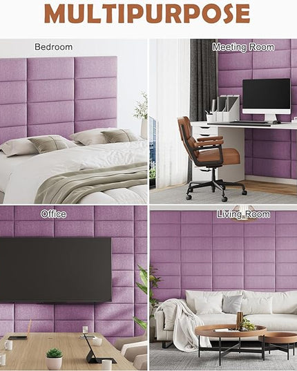 Upholstered Wall Mounted Headboard, 3D Soundproof Wall Panels Peel and Stick Headboard for Queen Size, Reusable and Removable Tufted Bed Headboard in Violet(9 Panels, 10" x 24") - LeafyLoom