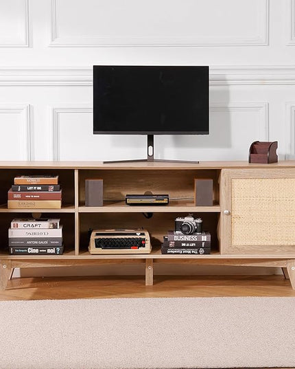 VEVOR Rattan TV Stand, Mid Century Modern TV Stand for 75 inch TV, Boho Rattan TV Cabinet with Build-in Socket and USB Ports, Adjustable Shelfs for Living Room, Media Room, Oak - LeafyLoom