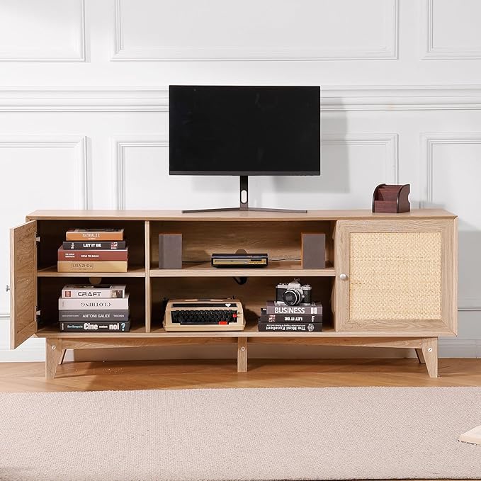 VEVOR Rattan TV Stand, Mid Century Modern TV Stand for 75 inch TV, Boho Rattan TV Cabinet with Build-in Socket and USB Ports, Adjustable Shelfs for Living Room, Media Room, Oak - LeafyLoom