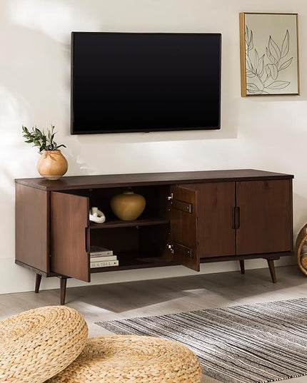 Walker Edison Genia Mid-Century Modern Solid Wood Stand for TVs up to 65 Inches, Walnut - LeafyLoom