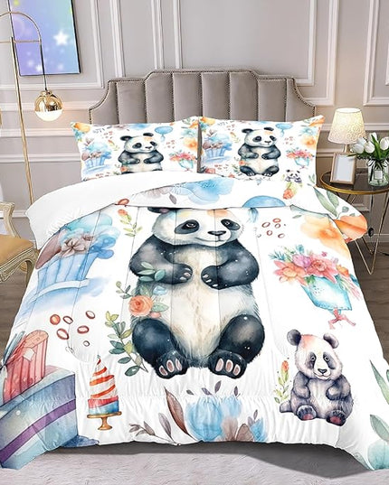 Panda Comforter Set Full Size - Panda Bedding for Boys Girls Cute Panda Set Cartoon Pandas Print Comfort Full Bedding Set for Kids Teens, 1 Comforter+2 Pillowcases - LeafyLoom