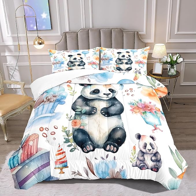 Panda Comforter Set Queen Size - Panda Bedding for Boys Girls Cute Panda Set Cartoon Pandas Print Comfort Queen Bedding Set for Kids Teens, 1 Comforter+2 Pillowcases - LeafyLoom