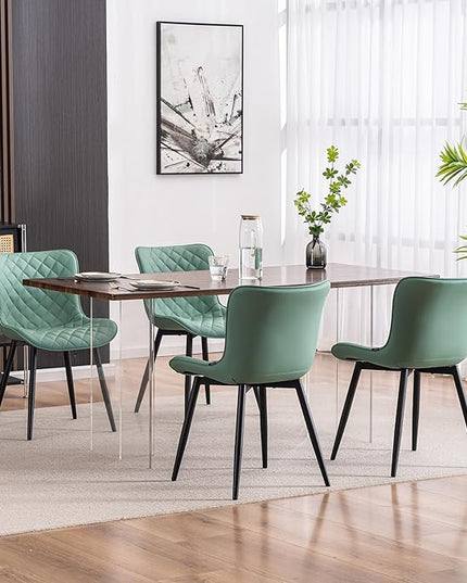 YOUTASTE Light Green Dining Chairs Set of 2 Mid Century Modern PU Leather Diamond Upholstered Accent Guest Dinner Chair with Back Metal Legs for Kitchen Living Reception Waiting Room - LeafyLoom