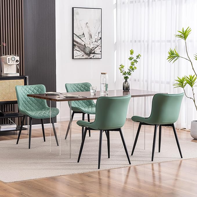 YOUTASTE Light Green Dining Chairs Set of 2 Mid Century Modern PU Leather Diamond Upholstered Accent Guest Dinner Chair with Back Metal Legs for Kitchen Living Reception Waiting Room - LeafyLoom