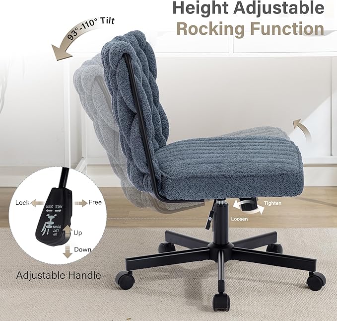 Criss Cross Legged Office Desk Chair with Wheels, Modern Armless Desk Chair with Wide Seat, Home Office Chair for Work, Meditation, Vanity, Blue - LeafyLoom