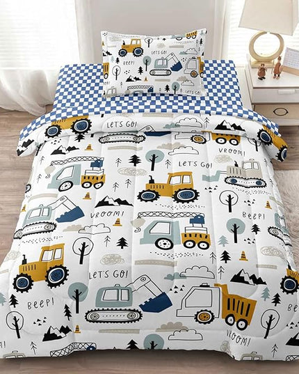 4-Pcs Construction Twin Size Boys Bedding Set, Kids Comforter Set for Teens w/Sheets and Pillowcase, Soft Cartoon Tractor Cars Bed in a Bag Sets - LeafyLoom