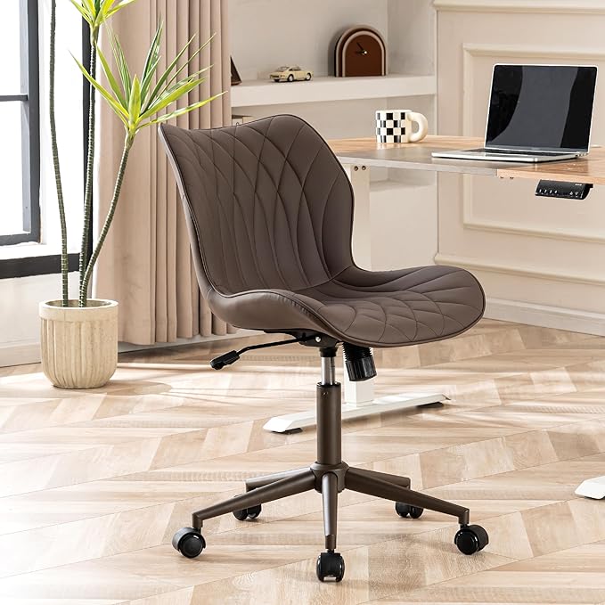 YOUNUOKE Office Desk Chair, Comfy Home Office Chairs, Small Comfortable Desk Chairs with Wheels, Armless PU Leather Chairs for Computer Conference, Brown - LeafyLoom
