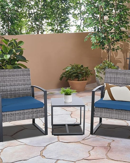 3 Pieces Patio Furniture Set, Outdoor Patio Set, Patio Bistro Set, All-Weather Wicker Conversation Set with Cushions Table for Porch Backyard (Gray-Blue) - LeafyLoom