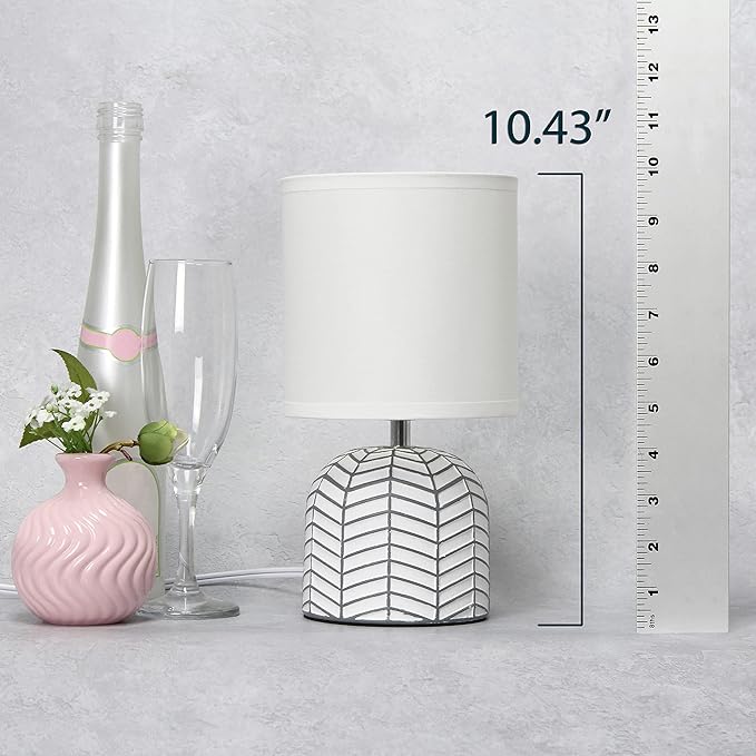Simple Designs LT1137-WHT 10.43" Petite Contemporary Webbed Waves Base Bedside Table Desk Lamp w White Fabric Drum Shade for Home Decor, Bedroom, Living Room, Entryway, Office, White - LeafyLoom