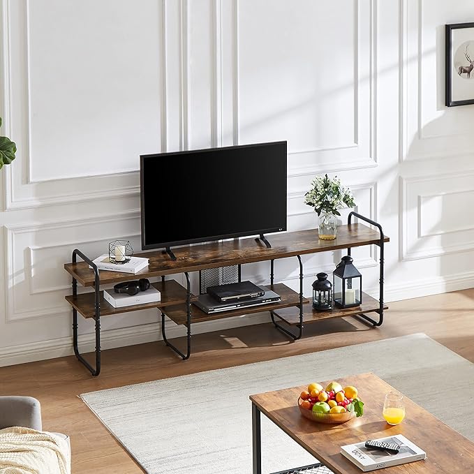 VECELO Industrial Television Stand up to 75 Inch TV Entertainment Center/Media Console Table with Open Storage Shelves for Living Room/Bedroom, Classic Brown - LeafyLoom