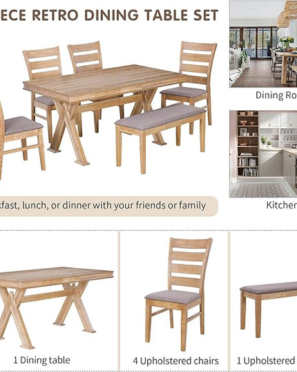 Retro 59" L Rectangular Unique Legs and 4 Upholstered Chairs & 1 Bench, Rubber, Easy Assembly, for Kitchen, Room, 6 Piece Dining Table Set, Natural Wood Wash 11 - LeafyLoom