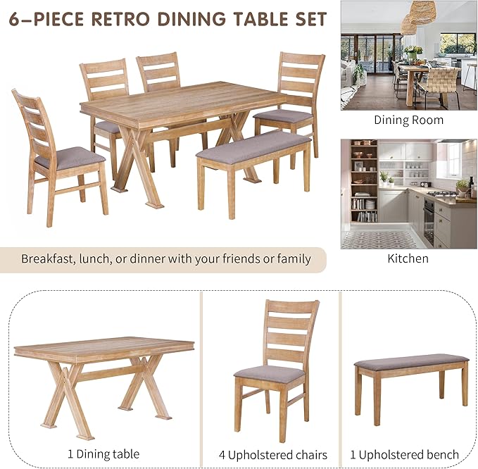Retro 59" L Rectangular Unique Legs and 4 Upholstered Chairs & 1 Bench, Rubber, Easy Assembly, for Kitchen, Room, 6 Piece Dining Table Set, Natural Wood Wash 11 - LeafyLoom
