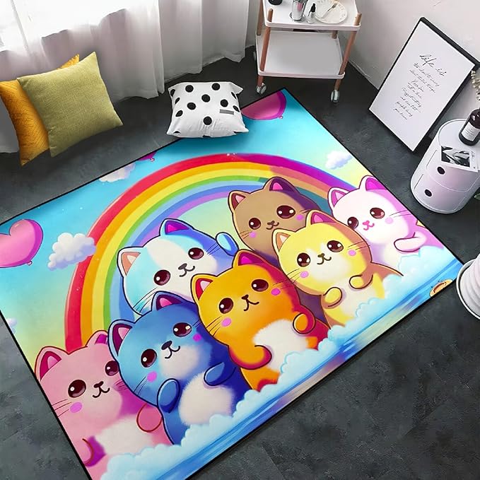 Cat Rainbow Rug for Girls Bedroom - Colorful Cat Area Rug Cat Rainbow Printed Carpet for Kids Room Cute Cartoon Cat Rug Home Decor, 2x3 Feet - LeafyLoom