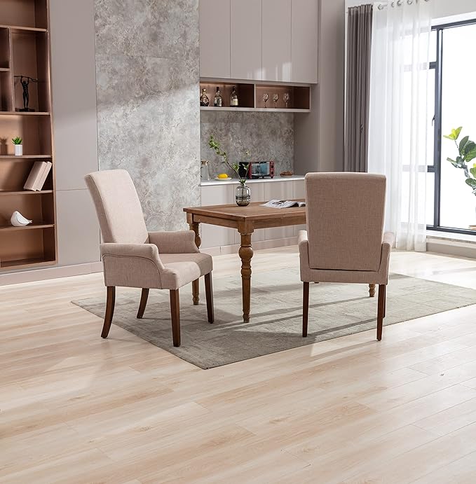 Dining Room Chairs with Arms,Tufted Upholstered High Back Nailed Trim with Untique Oak Wood Legs for Kitchen Restaurant Room Bedroom (Ivory Brown, SingleA) - LeafyLoom