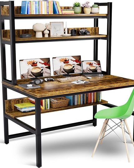 Aquzee Computer Desk with Hutch Bookshelves, 55 Inch Home Office Writing Desk with Space Saving Design, Gaming Table Organized Desk with Storage Shelves Bookshelf Easy Assemble, Rustic Brown - LeafyLoom
