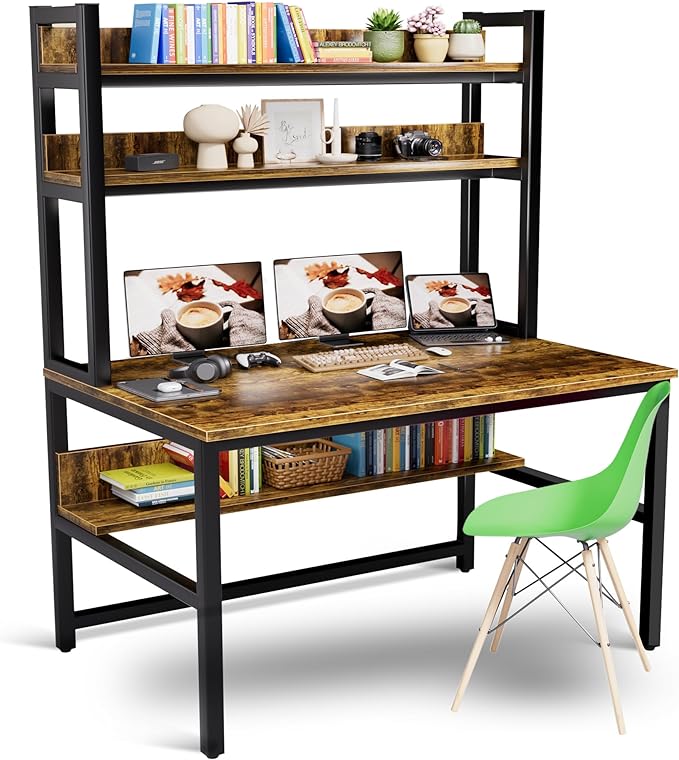 Aquzee Computer Desk with Hutch Bookshelves, 55 Inch Home Office Writing Desk with Space Saving Design, Gaming Table Organized Desk with Storage Shelves Bookshelf Easy Assemble, Rustic Brown - LeafyLoom
