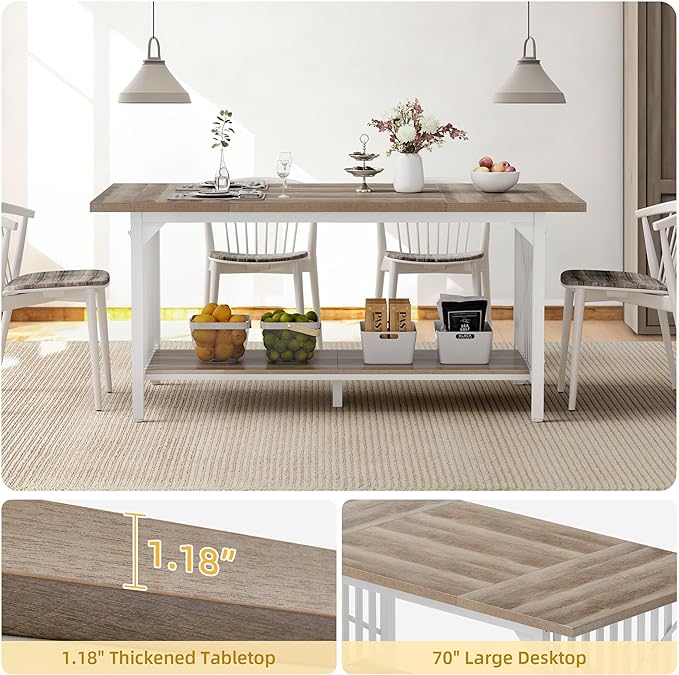 DWVO 70.8" Large Kitchen Dining Table for 6-8 People, Farmhouse Industrial Kitchen Table with Storage, Rectangle Apartment Rustic Dinning Room Dinette Tables for Eating Dinner - LeafyLoom