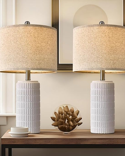 PoKat 23" Table Lamp, Farmhouse Bedside Lamps for Bedroom Set of 2, Ceramic End Table Lamps for Living Room, Traditional Nightstand Desk Lamps, Frosted White Lamps, Medium - LeafyLoom