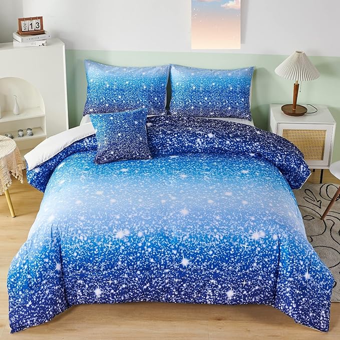RYNGHIPY 6Pcs Gradient Aqua Blue Navy Ombre Comforter Sets with Sheets Pillowcases, Full Size Sparkle Glitter Design Comforter Bedding Collections for Kids Boys and Girls - LeafyLoom