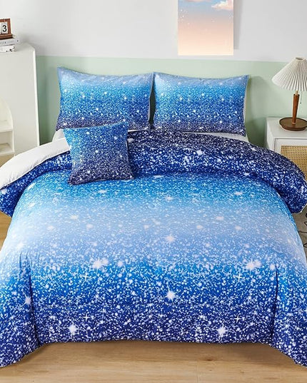 RYNGHIPY 6Pcs Gradient Aqua Blue Navy Ombre Comforter Sets with Sheets Pillowcases, Queen Size Sparkle Glitter Design Comforter Bedding Collections for Kids Boys and Girls - LeafyLoom