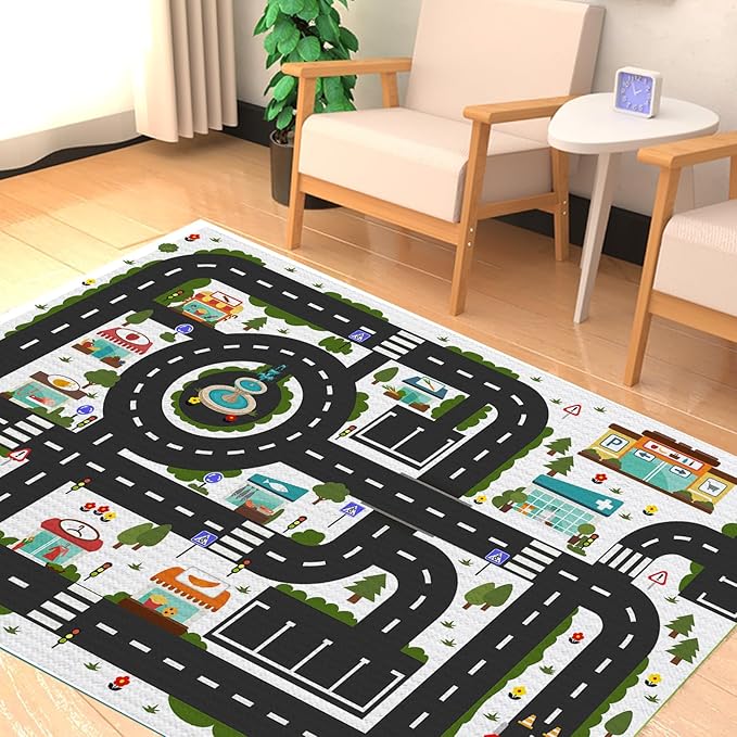 Analog ABC Kids Rug Playroom Car Rug Play Mat City Life Road Rug for Cars Fun City Map for Carpet for Bedroom Boys (31 * 47 inches, Clean City) - LeafyLoom