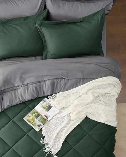 Bedsure Forest Green Full Size Comforter Set - 7 Pieces Reversible Full Bed in a Bag, Full Bed Set Forest Green and Grey with Comforters, Sheets, Pillowcases & Shams - LeafyLoom