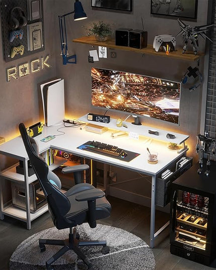 ODK 48 Inch Gaming Desk with USB Charging Ports and LED Lights, Reversible L Shaped Computer Desk with Storage Shelves & Monitor Stand, Corner Home Office Desk Table with Power Outlets, White - LeafyLoom