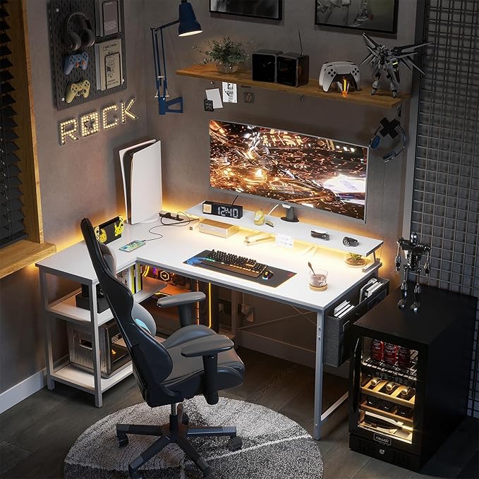 ODK 48 Inch Gaming Desk with USB Charging Ports and LED Lights, Reversible L Shaped Computer Desk with Storage Shelves & Monitor Stand, Corner Home Office Desk Table with Power Outlets, White - LeafyLoom
