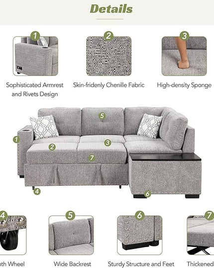 83.8“ L-Shape Sectional Sleeper Sofa with Pull out Bed and Storage Chaise, Chenille Upholstered Couch w/Cup Holder&USB Charge, for Living Room Apartment, 83.8 Inch, Light Gray - LeafyLoom