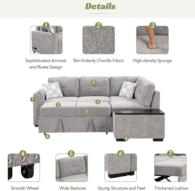 83.8“ L-Shape Sectional Sleeper Sofa with Pull out Bed and Storage Chaise, Chenille Upholstered Couch w/Cup Holder&USB Charge, for Living Room Apartment, 83.8 Inch, Light Gray - LeafyLoom