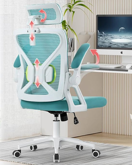 SEATZONE Office Chair, High Back Ergonomic Desk Chair Mesh Computer Chair with Adjustable Lumbar Support and Headrest, Swivel Task Chair with Flip-up Armrests for Home Office,Lake Blue - LeafyLoom
