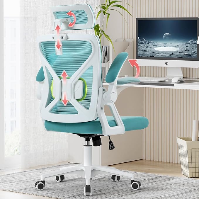SEATZONE Office Chair, High Back Ergonomic Desk Chair Mesh Computer Chair with Adjustable Lumbar Support and Headrest, Swivel Task Chair with Flip-up Armrests for Home Office,Lake Blue - LeafyLoom