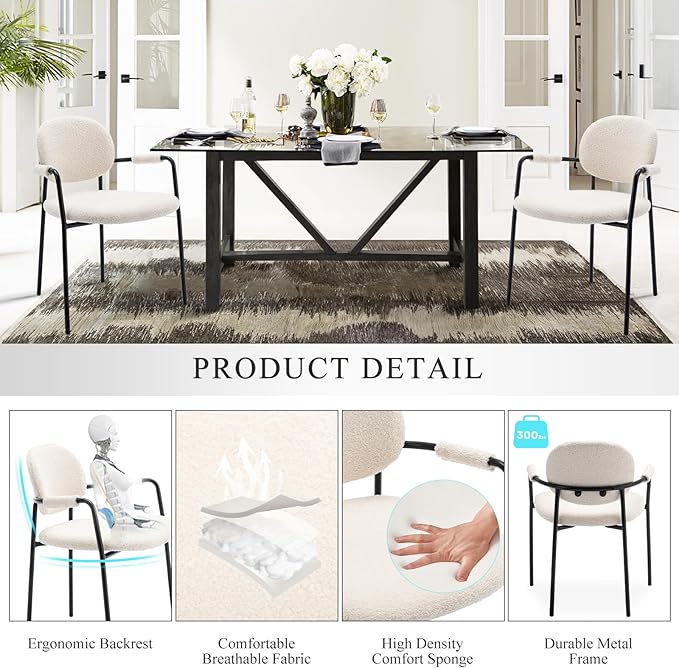 COLAMY Dining Chairs Set of 4, Boucle Dining Chairs with Arms, Comfy Small Sherpa Dining Armchairs with Back for Kitchen, Dining Room, Restaurant, Cream - LeafyLoom
