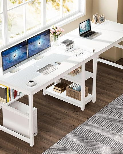 Tribesigns Two Person Desk with Bookshelf, 78.7 Computer Office Double Desk for Two Person, Rustic Writing Desk Workstation with Shelf for Home Office (White) - LeafyLoom