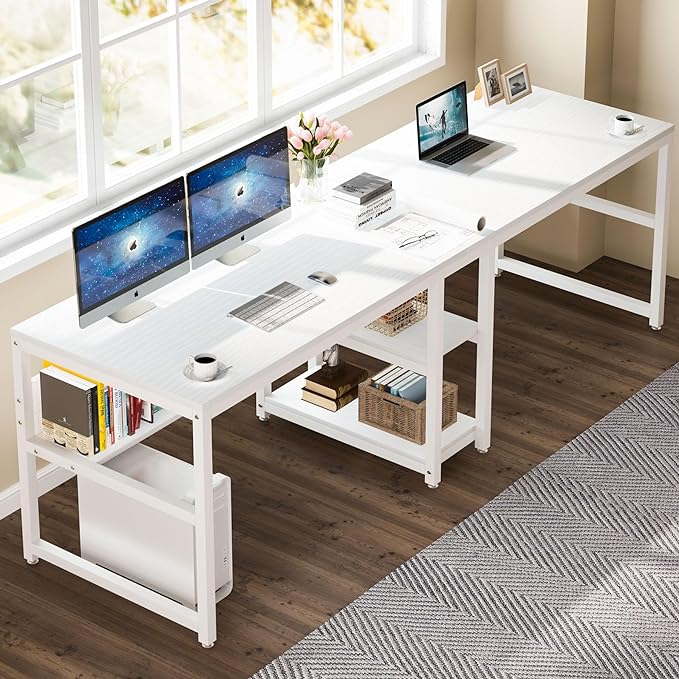 Tribesigns Two Person Desk with Bookshelf, 78.7 Computer Office Double Desk for Two Person, Rustic Writing Desk Workstation with Shelf for Home Office (White) - LeafyLoom