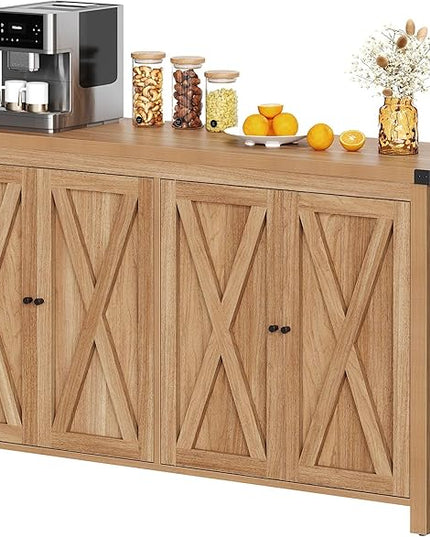 YITAHOME Farmhouse Sideboard Buffet Cabinet with Storage with 4 Doors, 55'' Large Kitchen Storage Cabinet, Wood Coffee Bar Cabinet with Adjustable Shelf for Kitchen, Living Room, Oak - LeafyLoom