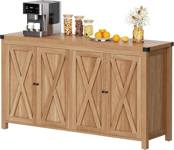 YITAHOME Farmhouse Sideboard Buffet Cabinet with Storage with 4 Doors, 55'' Large Kitchen Storage Cabinet, Wood Coffee Bar Cabinet with Adjustable Shelf for Kitchen, Living Room, Oak - LeafyLoom